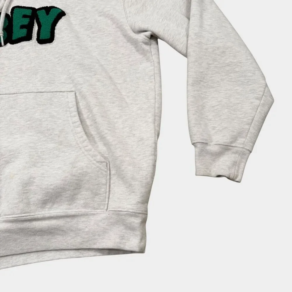 OBEY Worldwide Hoodie Mens Medium Heather Grey Green Chenille Patch Logo